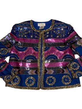 Vintage 80s Papell Boutique Evening Silk Hand Beaded and Sequin Jacket Sz L